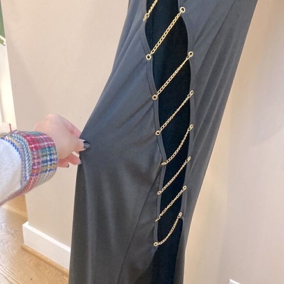 Mapale Black Long Sleeve Chain Wrap Around Detail Maxi Dress w/side slit - Picture 5 of 7